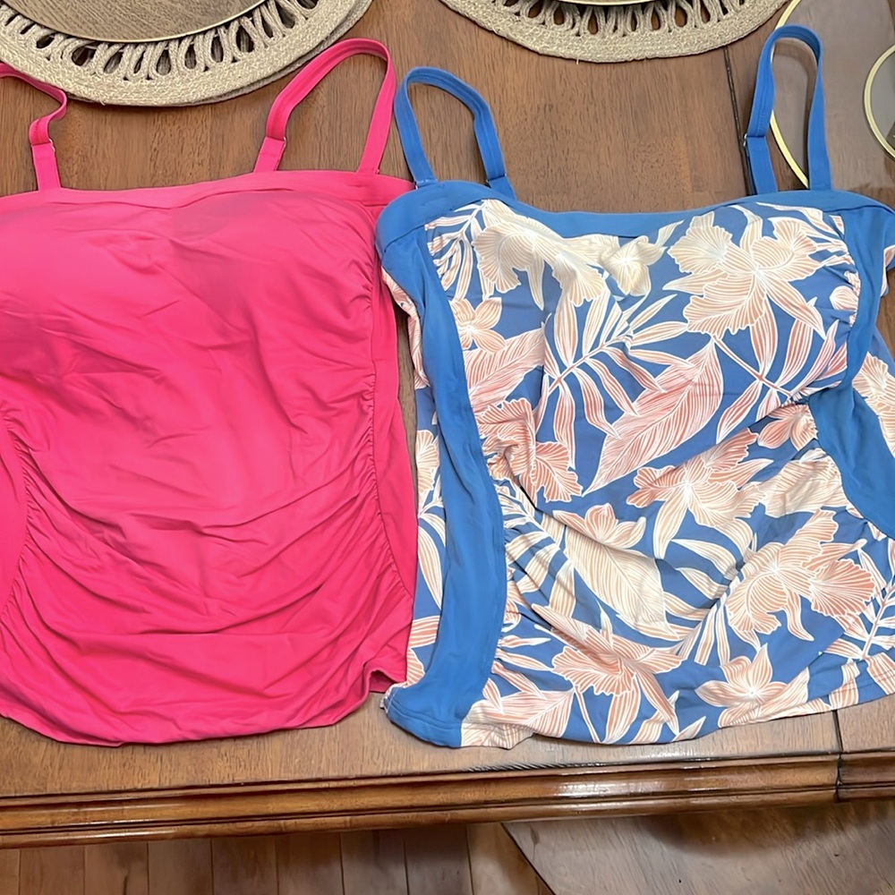 LANDS END Bandeau Tankini Swim Tops Sz 12 Removable Adjustable Strap Pink Floral